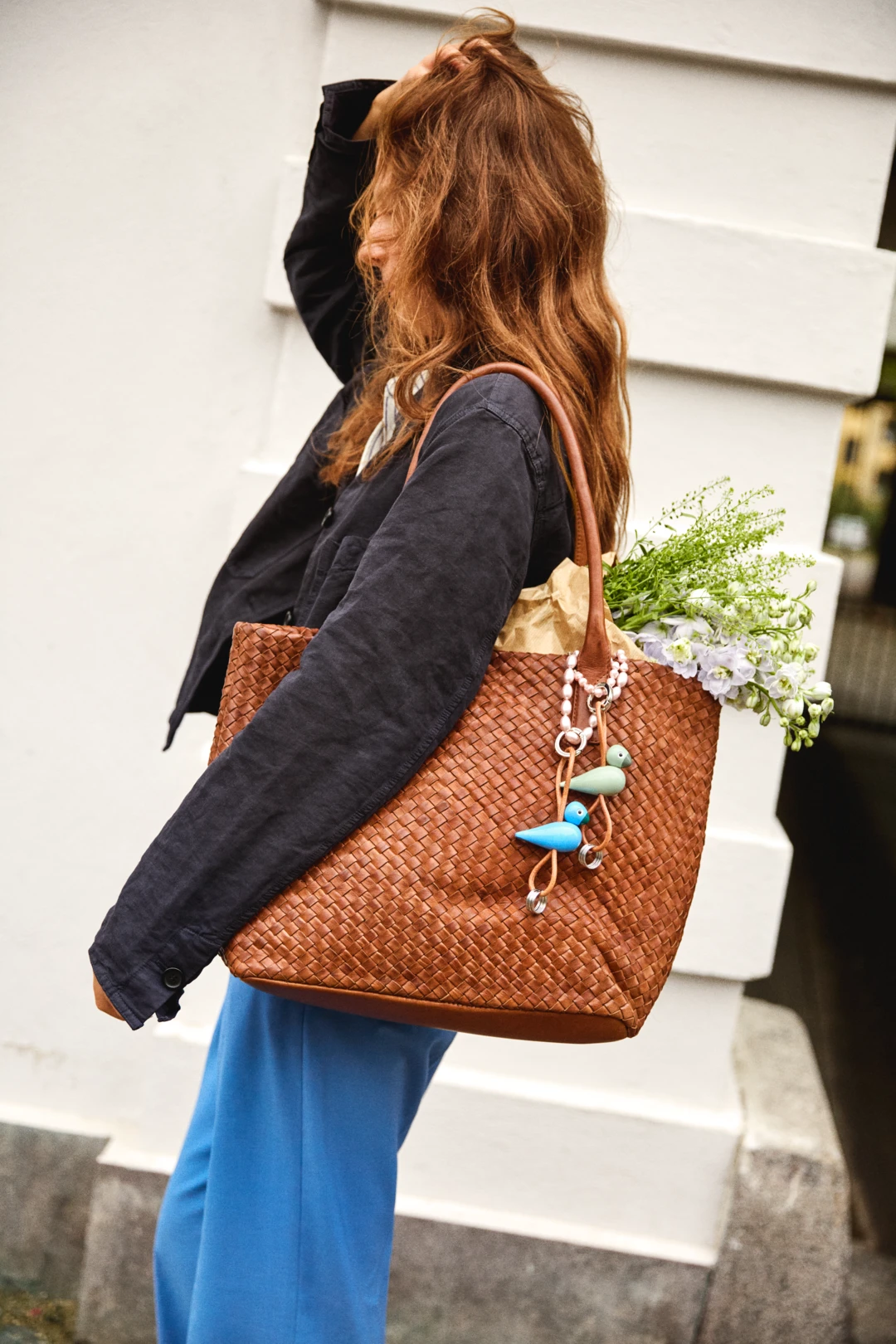 Kay Bojesen Fugl sølvtonet metal nøglering med naturlæder grøn