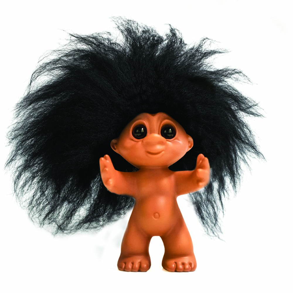 Lykketrold, Gummi look/ sort hår, 9 cm*