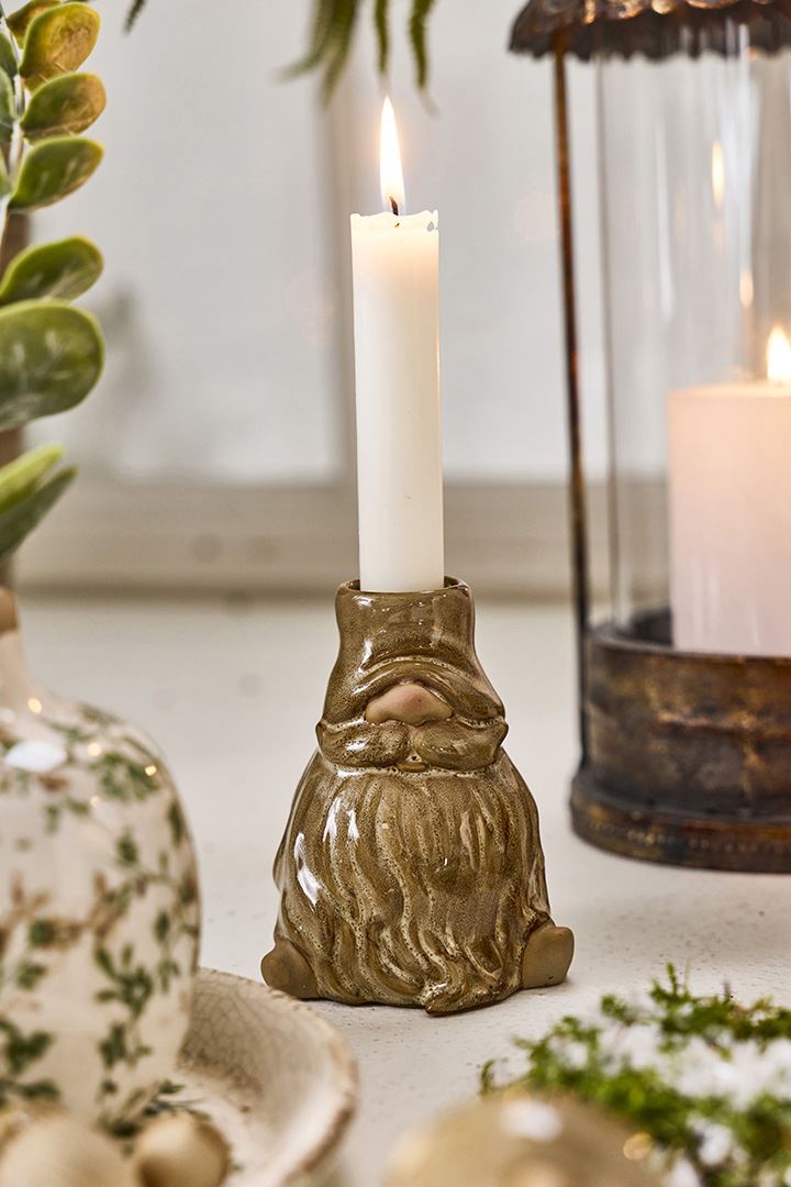 Lysestage Santa 11 cm Grøn/Brun Keramik
