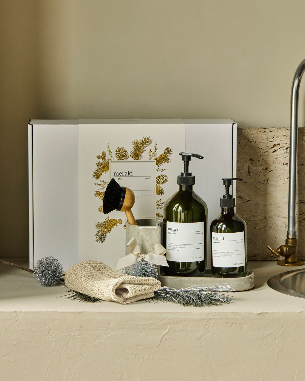 Gaveæske, Grey Holder + Nature Brush + Anti-Odour Hand Soap, Forest Garden Dish Wash, 1000|490 ml|ml
