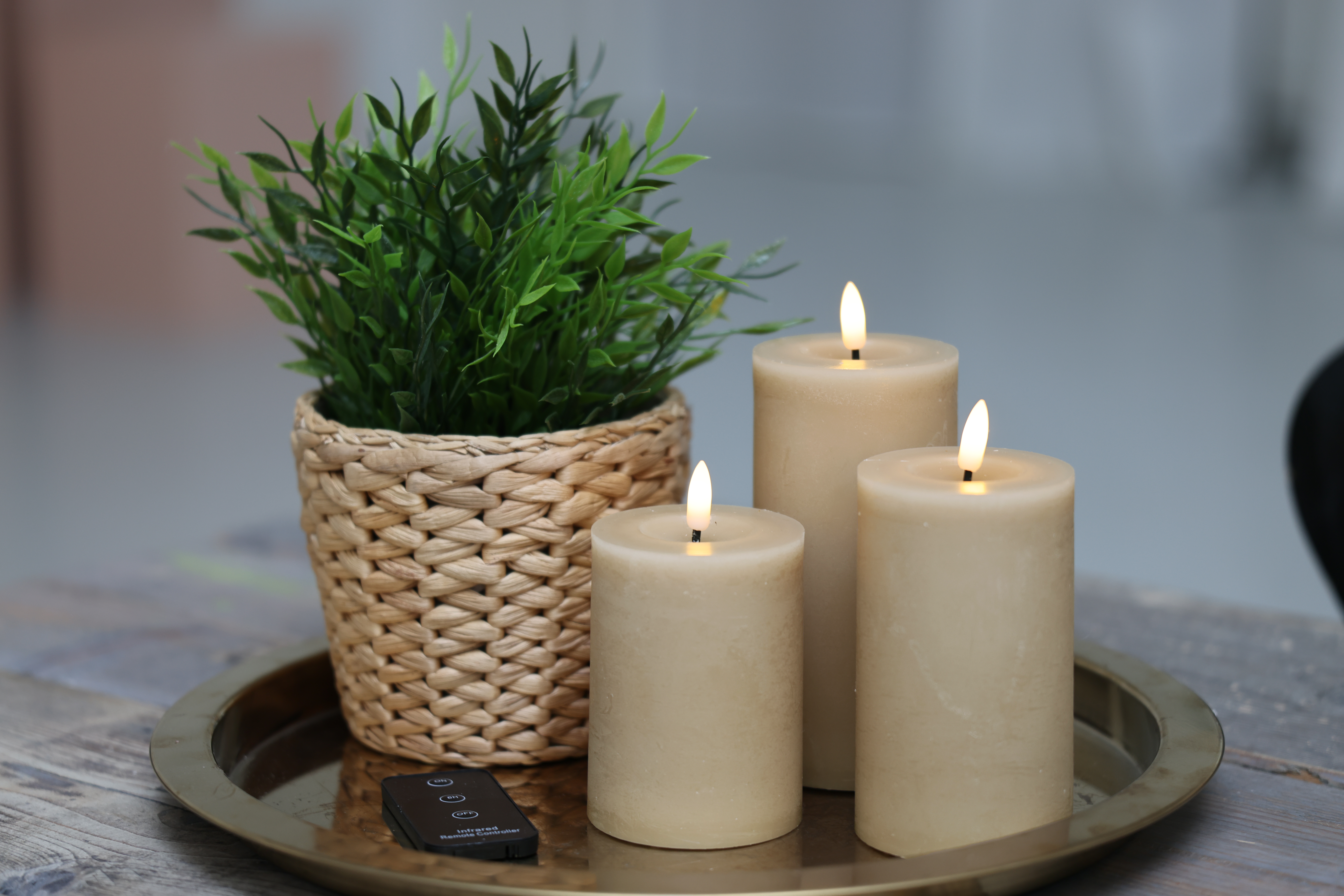 Skandi LED Bloklys Sæt - 3 Dele - Sand, med fjernbetjening