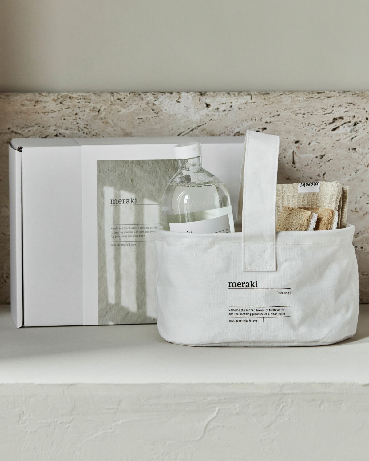 Gift box, Basket + Dish Cloth, Beige + Sponge + All-Round Cleaning, 1000 ml