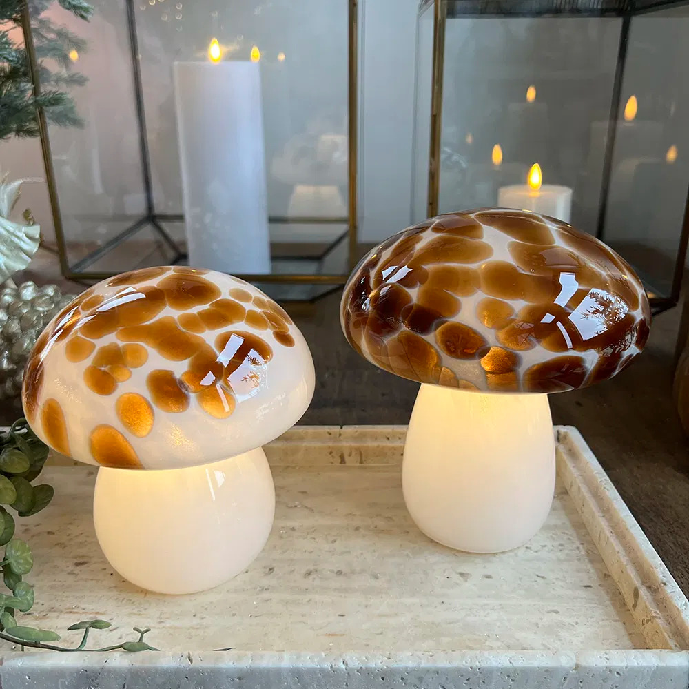 Mushroom glaslampe LED, lille, cognac, H15/D14 cm