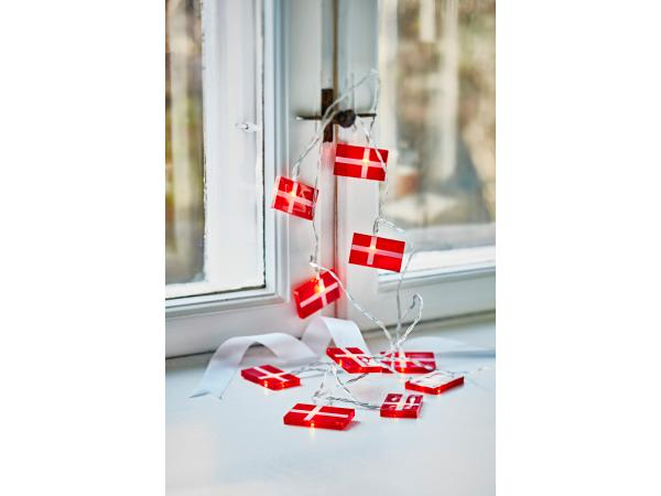 LED lyskæde med 10 danske flag 50 cm Rød/Hvid