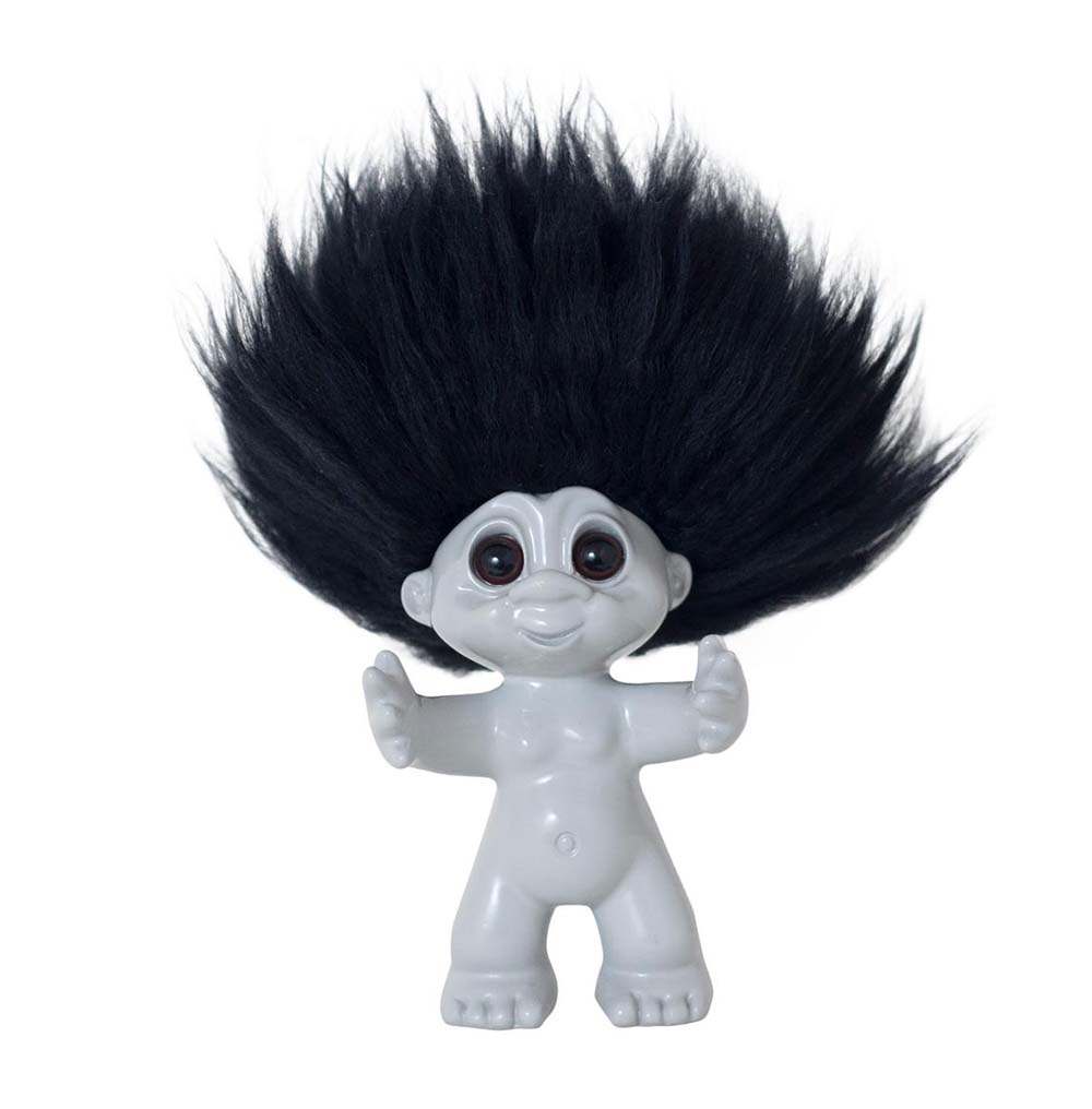 Lykketrold, lysgrå/sort hår, 9 cm*